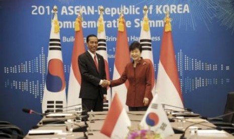 South Korea's President Park Geun-hye (right) shakes hands with Indonesia's President Joko Widodo during their bilateral meeting at the Association of Southeast Asian Nations (ASEAN) -Republic of Korea Commemorative Summit in Busan December 11, 2014. 