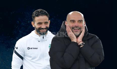 Sporting CP vs Manchester City di babak 16 besar Liga Champions 2021/2022, adu taktik Ruben Amorim (kiri) kontra Pep Guardiola.