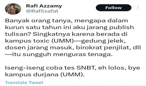 Status calon mahasiswa Universitas Brawijaya, M Rafi Azzamy yang menjelek-jelekkan almamaternya UMM.