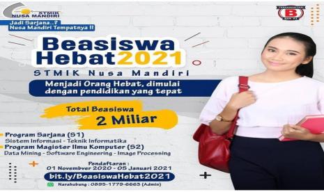 STMIK Nusa Mandiri menyediakan Beasiswa Hebat Rp 2 miliar untuk mereka yang berprestasi di bidang akademik maupun non-akademik.