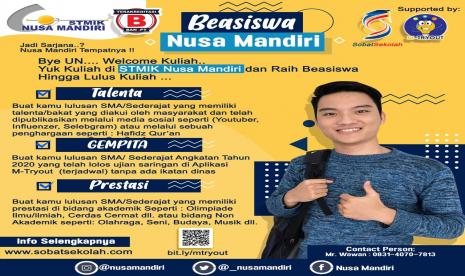 STMIK Nusa Mandiri menyediakan tiga kategori beasiswa, yakni Talenta, GEMPITA dan Prestasi.