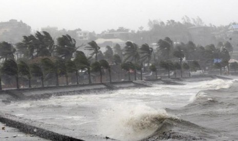 Strong winds and waves brought by Typhoon Hagupit pound the seawall in Legazpi City, Albay province southern Luzon December 7, 2014.