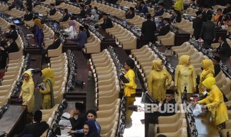 Suasana Gedung Nusantara sebelum acara upacara pelantikan presiden dan wakil presiden periode 2019-2024 di Kompleks Parlemen, Senayan, Jakarta, Ahad (20/10/2019).