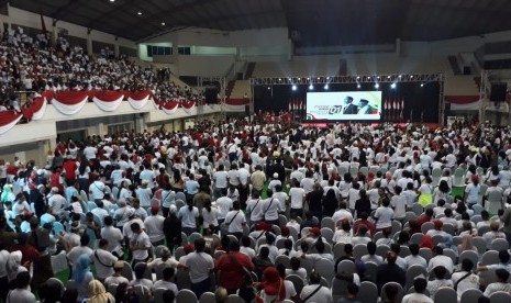 Suasana kampanye Calon Presiden (Capres) RI Nomor Urut 1, Joko Widodo (Jokowi) di GOR Ken Arok, Kota Malang, Senin (25/3).