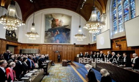 Suasana sidang Mahkamah Internasional terkait dugaan genosida Israel di Gaza, Palestina.