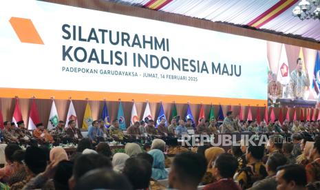 Suasana Silaturahim Koalisi Indonesia Maju (KIM) di Padepokan Garuda Yaksa, Hambalang, Kabupaten Bogor, Jawa Barat, Jumat (14/2/2025).