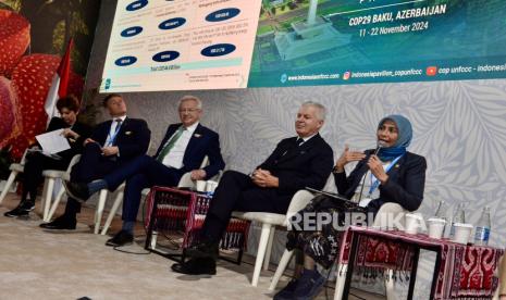 The atmosphere of a talk show with the theme “Fostering and Enabling Innovative Climate Finance Mechanism” at the Indonesian Pavilion at COP29, Baku, Azerbaijan, Tuesday (12/11/2024).