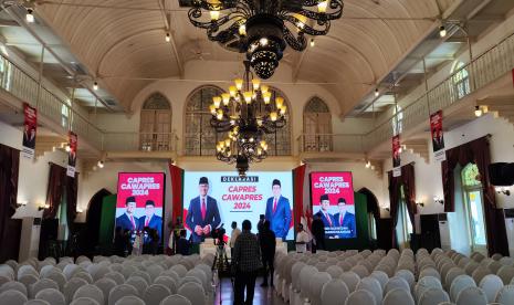 Suasana venue tempat rencana deklarasi pasangan Anies Baswedan-Muhaimin Iskandar di Hotel Majapahit Surabaya, Jawa Timur, Sabtu (2/9/2023) siang ini.