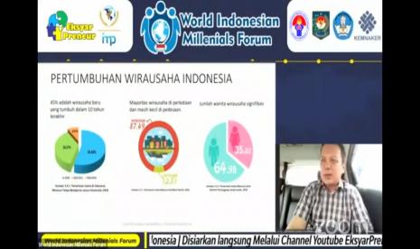 Suasana Webinar World Indonesian Millennials Forum, yang diselenggarakan Eksyapreneur dan International Millenial Project, Jumat (28/5).