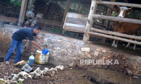 Sugeng menyiapkan cairan formalin untuk mensterilisasi lingkungan kandang ternak di Pedukuhan Jati, Semanu, Gunungkidul, Yogyakarta, Kamis (6/7/2023). Warga rutin melakukan sterilisasi kandang ternak usai kasus kematian warga karena mengonsumsi daging sapi  yang mati dan terkena antraks. Menurut Balai Besar Veterinari (BBVet) Wates ada 12 ekor hewan ternak di Dusun Jati yang terkena antraks, enam ekor kambing dan enam ekor sapi. Dari kejadian ini sebanyak 87 warga positif terjangkit antraks dan satu diantaranya meninggal dunia.