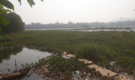 Sungai Citarum di KM 77, tepatnya di Waduk Saguling, Kabupaten Bandung Barat dipenuhi eceng gondok dan sampah, Jumat (28/6).