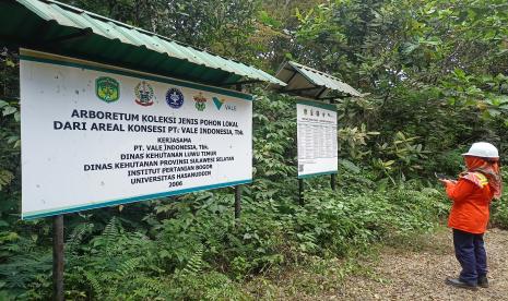 Supervisor Reclamation Rehabilitation PT Vale Indonesia, Erlin Harry melihat papan informasi di Bukit Himalaya, Sorowako, Kabupaten Luwu Timur, Provinsi Sulawesi Selatan.