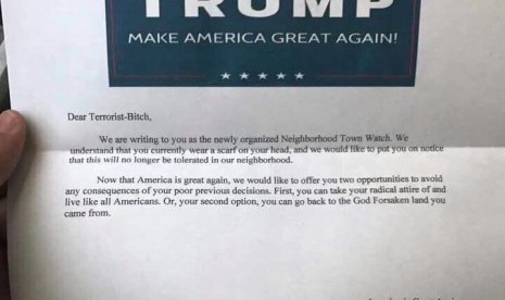 Surat bernada ancaman yang ditujukan bagi warga Muslim di Amerika Serikat