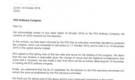 Surat dari Federasi Sepak Bola Dunia (FIFA) kepada Kementerian Pemuda dan Olahraga yang meminta Kongres PSS digelar pada 10 November 2016 di Jakarta.