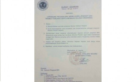 Surat Edaran internal Badan Intelijen Negara (BIN).