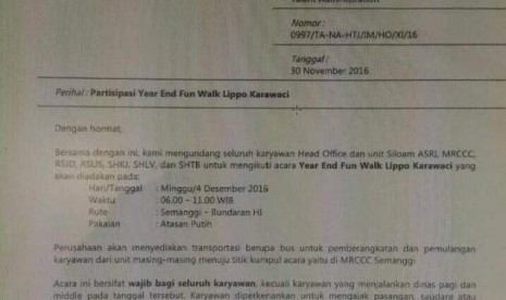 Surat edaran internal manajemen Siloam Hospitals Group terkait acara Year End Fun Walk Lippo Karawaci yang diadakan di kawasan Car Free Day di Jakarta, Ahad (4/12) besok.