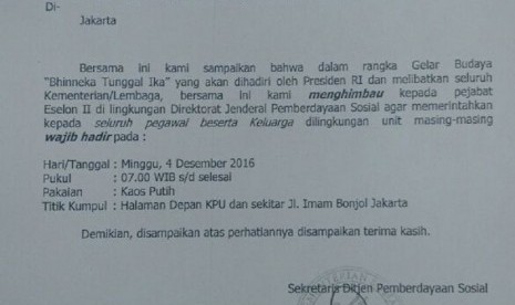 Surat edaran Kementerian Sosial yang berisi imbauan untuk mengikuti Gelar Budaya Bhinneka Tunggal Ika di Jakarta pada Ahad (4/12).