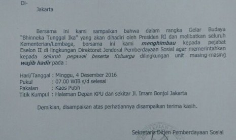 Surat edaran Kementerian Sosial yang berisi imbauan untuk mengikuti Gelar Budaya Bhinneka Tunggal Ika di Jakarta pada Ahad (4/12).