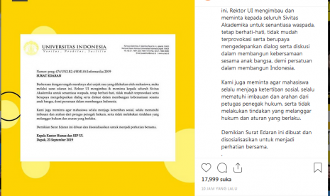 Surat Edaran Rektor UI yang meminta mahasiswa waspada dan hati-hati dalam unjuk rasa 