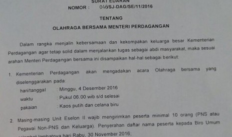 Surat Edaran Sekjen Kemendag yang beredar di media sosial.