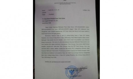 Surat Kemenkumham soal penjelasan kepengurusan DPP Partai Golkar yang sah