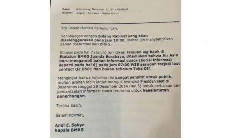 Surat Kepala BMKG Andi E Sakya kepada Menteri Perhubungan.