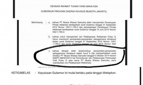 Surat Keputusan Ahok soal Izin Pelaksanaan Reklamasi Pulau G. Dalam salah satu isinya mencantumkan informasi bahwa permohonan izin pelaksanaan proyek reklamasi Pulau G baru dilayangkan PT Muara Wisesa Samudra Per 6 Oktober 2014