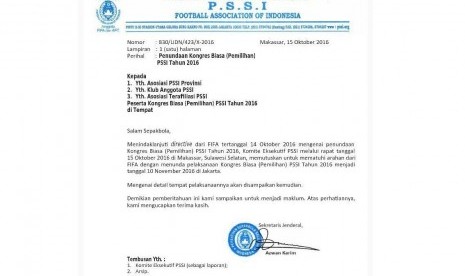 Surat pemberitahuan dari PSSI kepada para pemilik suara tentang perubahan tempat kongres menjadi di Jakarta dan waktunya yang diundur menjadi 10 November.