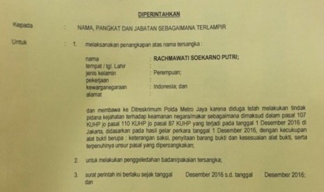 Arrest warrant letter of Rachmawati Soekarnoputri. 