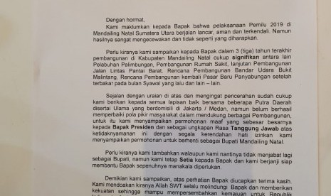 surat pengunduran diri bupati mandailing natal