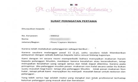 Surat peringatan manajemen Mamma Rosy kepada waiters perempuan yang menyajikan daging babi ke pelanggan yang pesan daging sapi.