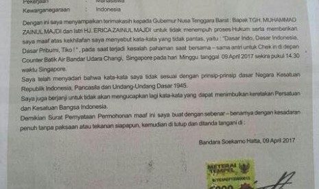 Surat permohonan maaf Steven yang telah memaki Gubernur NTB di Bandara Changi Singapura, Ahad (9/4).