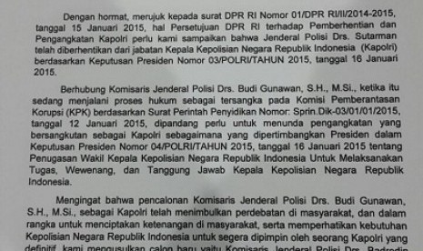 surat Presiden untuk DPR terkait dengan pencalonan Komjen Pol Badrodin Haiti sebagai Kapolri