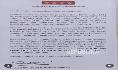 Surat pribadi Jenderal TNI (Purn) Prabowo Subianto berisi ajakan memilih pasangan M Ridwan Kamil-Suswono (Rido) pada Pilgub Jakarta 2024.