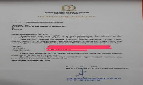 Surat rekomendasi anggota DPRD Jabar Dadang Supriatna berisi meminta seorang siswa diterima di SMKN 4 Bandung dalam proses PPDB.