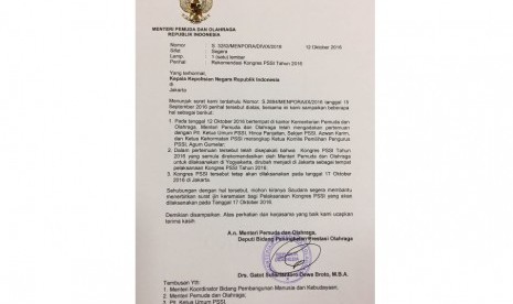 Surat terbaru dari Kemenpora kepada Mabes Polri tentang lokasi penyelenggaraan Kongres PSSI 2016 di Jakarta.