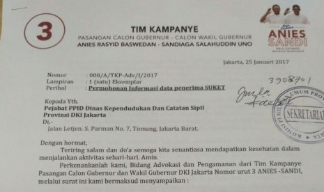 Surat yang dilayangkan Tim Pemenangan Anies-Sandi kepada Dinas Kependudukan dan Catatan Sipil (Dukcapil) DKI Jakarta.