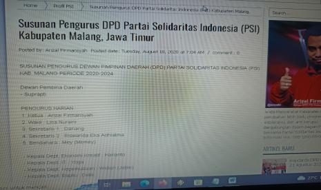 Susunan pengurus Dewan Pimpinan Daerah Partai Solidaritas Indonesia (DPD PSI) Kabupaten Malang periode 2020-2024. Suprapti menjabat Dewan Pembina Daerah, yang unggahan tersebut sudah dihapus di laman resmi partai.