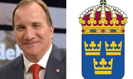 Sweden's new Prime Minister Stefan Loefven (left) and Lesser Coat of Arms of Sweden. (file)