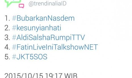 Tagar Bubarkan Nasdem puncaki daftar trending topic Twitter.