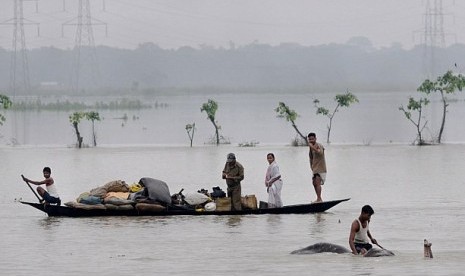 Tampak warga India menggiring gajah untuk mencari kawasan lebih tinggi. India hampir setiap tahun dilanda banjir akibat hujan monsun