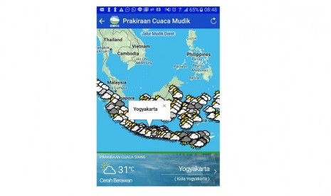 Tampilan informasi-informasi yang ada di aplikasi Info BMKG (Badan Meteorologi, Klimatologi dan Geofisika).  Aplikasi Info BMKG dapat diunduh masyarakat luas di Play Store maupun Apple Store.