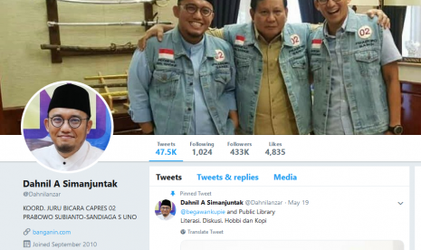 Tangkapan layar akun Twitter Dahnil Anzar Simanjuntak