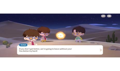 Tangkapan layar game BTS Island: In the SEOM. Salah satu dialog antara Jimin dan Suga di game itu membuat fans marah.