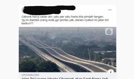 Tangkapan layar hoaks tol Jakarta-Cikampek dijual ke Uni Emirat Arab. (Facebook)