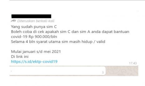 Tangkapan layar narasi bantuan Covid-19 untuk pemilik SIM C yang hoaks