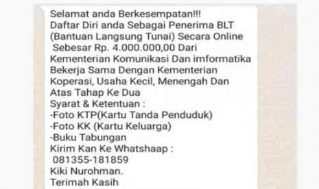 Tangkapan layar pesan hoaks BLT mengatasnamakan Kominfo. (Whatsapp)