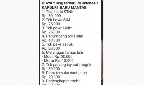 Tangkapan layar pesan hoaks tentang denda tarif tilang baru. (Whatsapp)