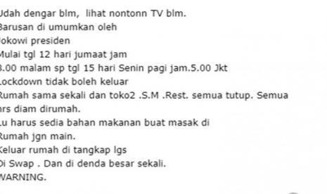 Tangkapan layar pesan yang menyebutkan lockdown pada 12-15 Februari 2021. (Telegram)