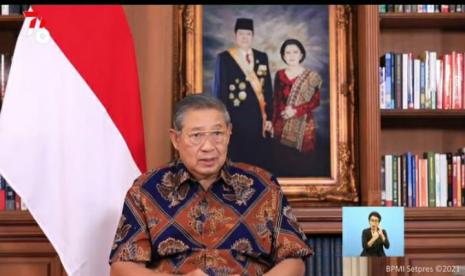 Tangkapan layar Presiden keenam RI Susilo Bambang Yudhoyono saat memberikan pesan peringatan HUT Kemerdekaan RI ke-76 melalui video, Selasa (17/8).